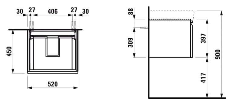 LAUFEN PRO S skříňka pod umyvadlo 52x45x39,7 cm, 1 zásuvka, lesklá bílá H4833510964751 Technický nákres