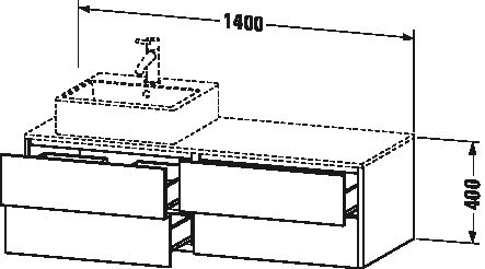 DURAVIT XSQUARE skříňka pod umyvadlo 140x54,8x40 cm, 4 zásuvky, Push-open, Graphit matt XS4913L4949 Technický nákres