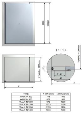 ROTH CARIBA WALK IN CI TWF stěna walk-in 80x200 cm, brillant/čiré sklo CI TWF 08020 VPF Technický nákres
