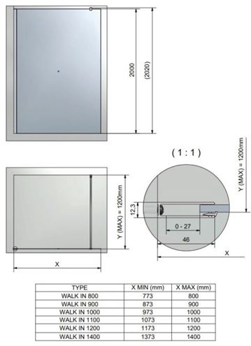 ROTH CARIBA WALK IN CI TWF stěna walk-in 80x200 cm, brillant/čiré sklo CI TWF 08020 VPF Technický nákres