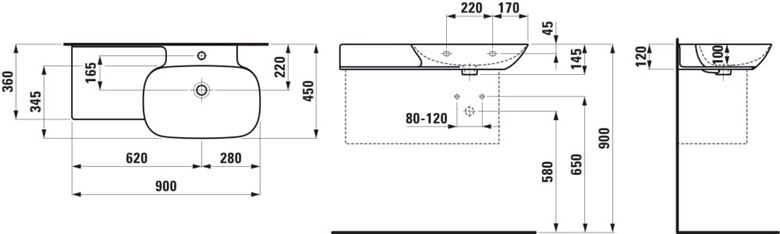 LAUFEN INO umyvadlo 90 cm, s otvorem pro baterii a přepadem, LCC H8133010001041 Technický nákres