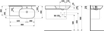 LAUFEN INO umyvadlo 90 cm, s otvorem pro baterii a přepadem, LCC H8133010001041 Technický nákres