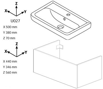 DŘEVOJAS GO SZZ2 50 skříňka s umyvadlem 50x38x56 cm, 2 zásuvky, úchytka ocel, bílá lesk/bílá vysoký lesk 20685-T02 Technický nákres
