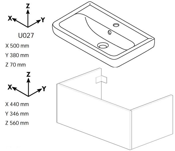 DŘEVOJAS GO SZZ2 50 skříňka s umyvadlem 50x38x56 cm, 2 zásuvky, úchytka ocel, bílá lesk/bílá vysoký lesk 20685-T02 Technický nákres