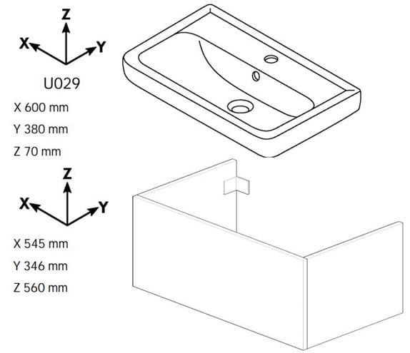 DŘEVOJAS GO SZZ2 60 skříňka s umyvadlem 60x38x56 cm, 2 zásuvky, úchytka ocel, bílá lesk/bílá vysoký lesk 20760-T02 Technický nákres