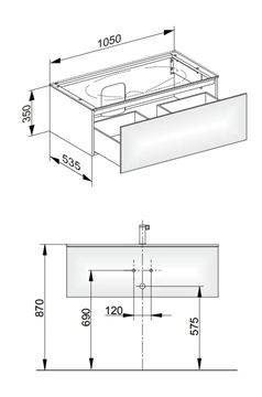 KEUCO EDITION 11 skříňka pod umyvadlo 105x53,5x35 cm, 1 zásuvka, Push-open, bílá 31351380000 Technický nákres