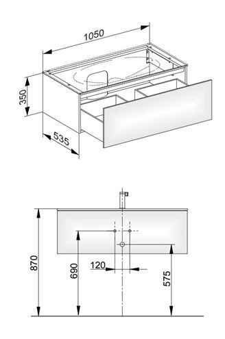 KEUCO EDITION 11 skříňka pod umyvadlo 105x53,5x35 cm, 1 zásuvka, Push-open, bílá 31351380000 Technický nákres