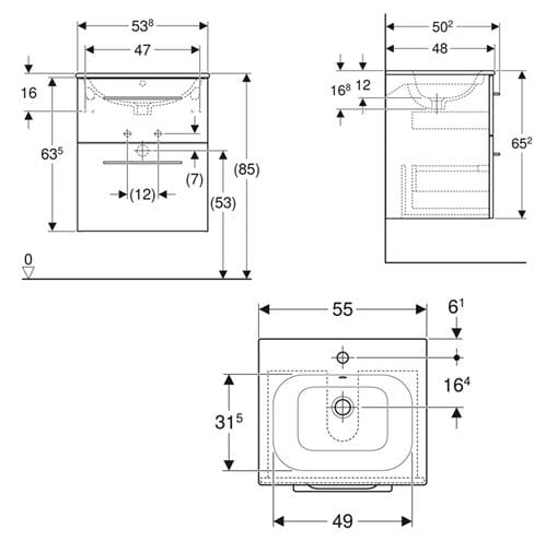 GEBERIT SELNOVA SQUARE skříňka s umyvadlem 55x48x65,2 cm, 2 zásuvky, lesklá bílá 501.232.00.1 Technický nákres