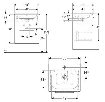 GEBERIT SELNOVA SQUARE skříňka s umyvadlem 55x48x65,2 cm, 2 zásuvky, lesklá bílá 501.232.00.1 Technický nákres