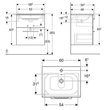 GEBERIT SELNOVA SQUARE skříňka s umyvadlem 60x48x65,2 cm, 2 zásuvky, lesklá bílá 501.236.00.1 Technický nákres