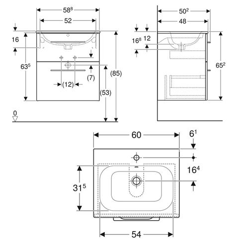 GEBERIT SELNOVA SQUARE skříňka s umyvadlem 60x48x65,2 cm, 2 zásuvky, lesklá bílá 501.236.00.1 Technický nákres