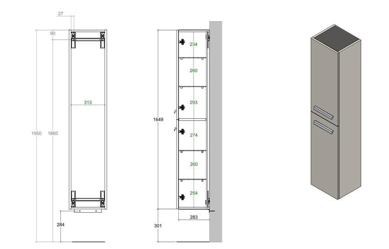 CONCEPT 200/300 vysoká skříňka 35x30,3x164,9 cm, 2 dvířka, přírodní dub HSCO200RX1428 Technický nákres