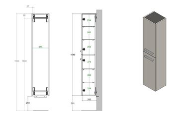 CONCEPT 200/300 vysoká skříňka 35x30,3x164,9 cm, 2 dvířka, přírodní dub HSCO200RX1428 Technický nákres