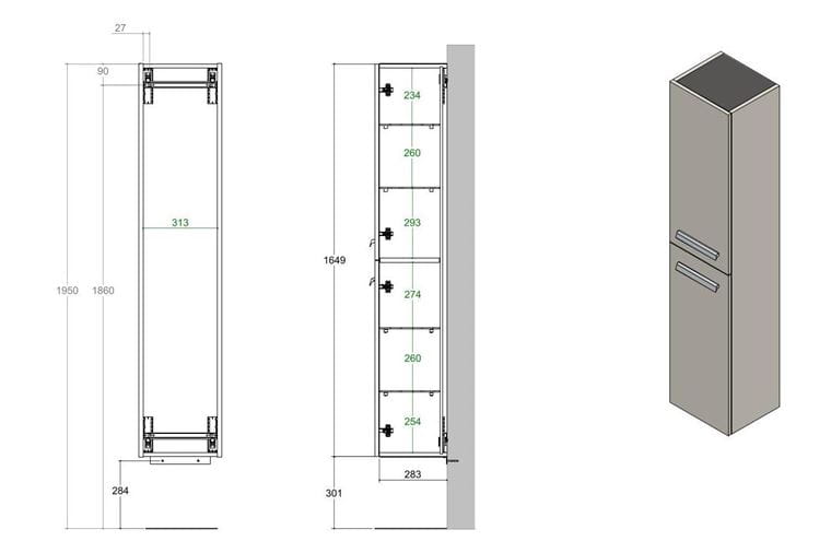 CONCEPT 200/300 vysoká skříňka 35x30,3x164,9 cm, 2 dvířka, dub biondo HSCO200RX1429 Technický nákres