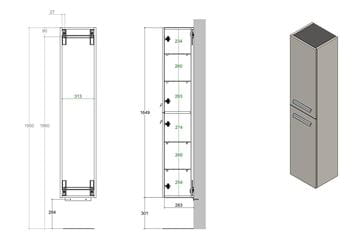 CONCEPT 200/300 vysoká skříňka 35x30,3x164,9 cm, 2 dvířka, dub biondo HSCO200RX1429 Technický nákres