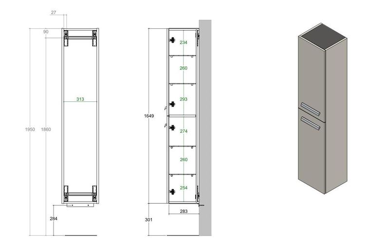 CONCEPT 200/300 vysoká skříňka 35x30,3x164,9 cm, 2 dvířka, anthracite mat HSCO200RX1436 Technický nákres