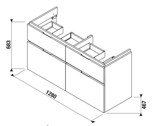 JIKA CUBITO PURE skříňka pod dvojumyvadlo 128x46,7x68,3 cm, 4 zásuvky, Push-open, lesklá bílá H40J4274025001 Technický nákres