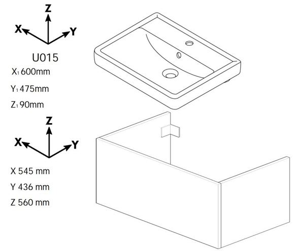 DŘEVOJAS Q MAX SZZ2 60 skříňka s umyvadlem 60x47,5x56 cm, 2 zásuvky, úchytka ocel, beton 67529-T02 Technický nákres