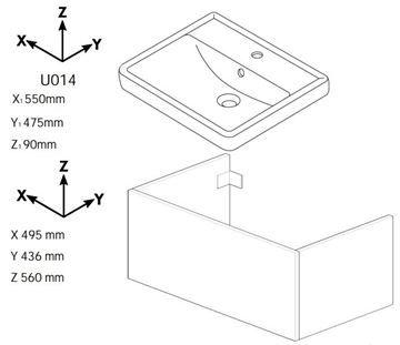 DŘEVOJAS Q MAX SZZ2 55 skříňka s umyvadlem 55x47,5x56 cm, 2 zásuvky, úchytka hliník mat, dub 61282-T01 Technický nákres