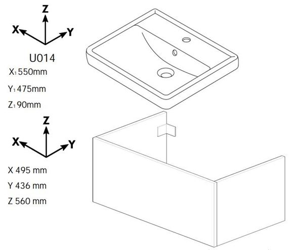 DŘEVOJAS Q MAX SZZ2 55 skříňka s umyvadlem 55x47,5x56 cm, 2 zásuvky, úchytka hliník mat, dub 61282-T01 Technický nákres