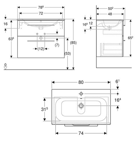 GEBERIT SELNOVA SQUARE skříňka s umyvadlem 80x48x65,2 cm, 2 zásuvky, ořech hickory 501.242.00.1 Technický nákres