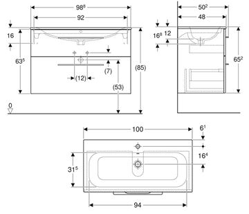GEBERIT SELNOVA SQUARE skříňka s umyvadlem 100x48x65,2 cm, 2 zásuvky, ořech hickory 501.246.00.1 Technický nákres