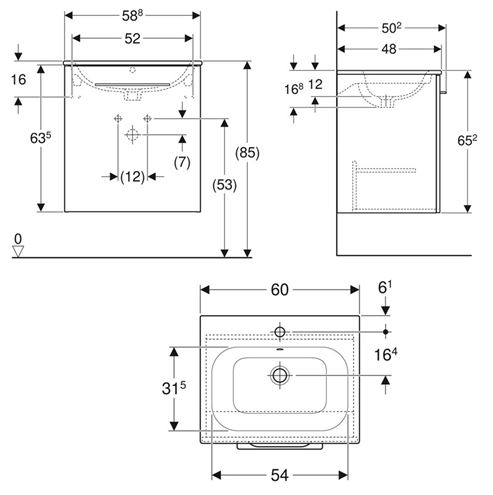GEBERIT SELNOVA SQUARE skříňka s umyvadlem 60x48x65,2 cm, 1 dvířka, světlý ořech hickory 501.255.00.1 Technický nákres