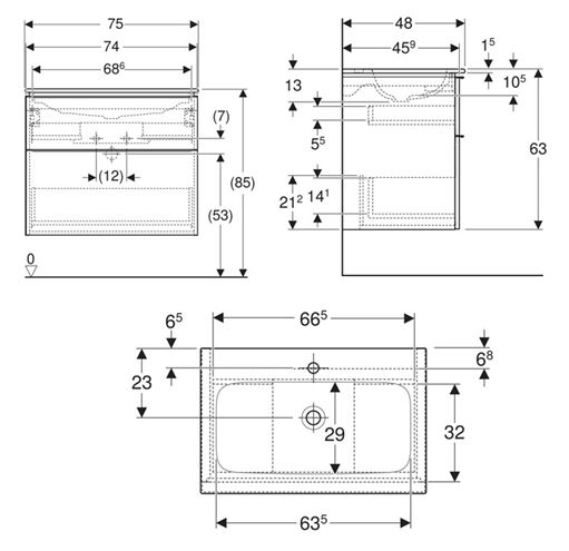 GEBERIT ICON skříňka s umyvadlem 75x48x63 cm, 2 zásuvky, lesklá bílá 502.336.01.2 Technický nákres