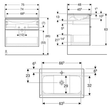 GEBERIT ICON skříňka s umyvadlem 75x48x63 cm, 2 zásuvky, KeraTect, matná bílá 502.332.01.3 Technický nákres