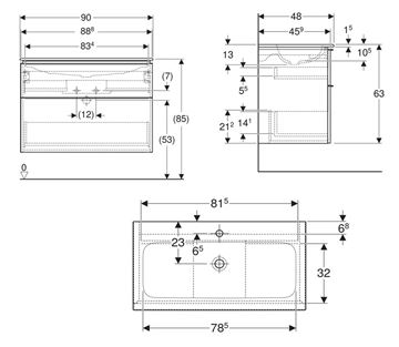 GEBERIT ICON skříňka s umyvadlem 90x48x63 cm, 2 zásuvky, KeraTect, lesklá bílá 502.333.01.1 Technický nákres