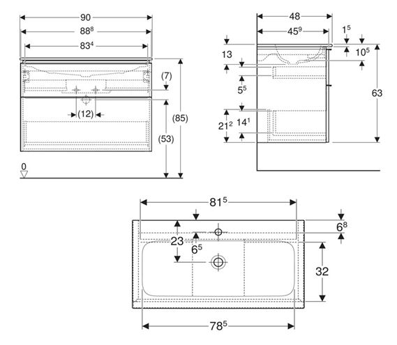 GEBERIT ICON skříňka s umyvadlem 90x48x63 cm, 2 zásuvky, matná bílá 502.337.01.3 Technický nákres