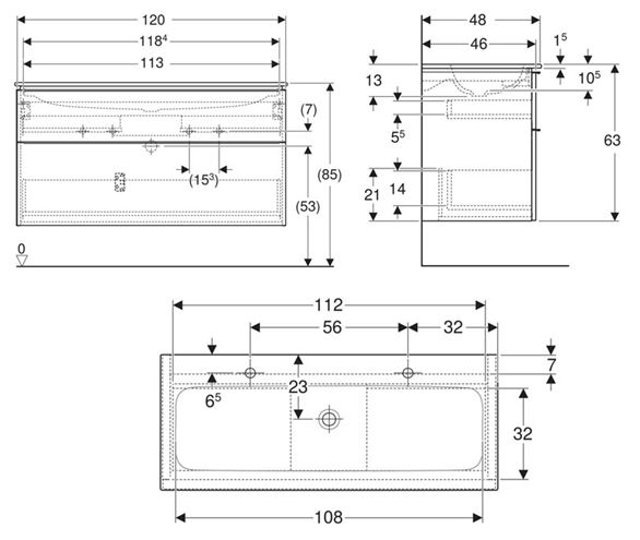 GEBERIT ICON skříňka s umyvadlem 120x48x63 cm, 2 zásuvky, lesklá bílá 502.338.01.1 Technický nákres