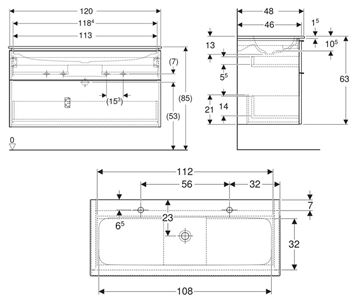 GEBERIT ICON skříňka s umyvadlem 120x48x63 cm, 2 zásuvky, KeraTect, ořech hickory 502.334.JR.1 Technický nákres