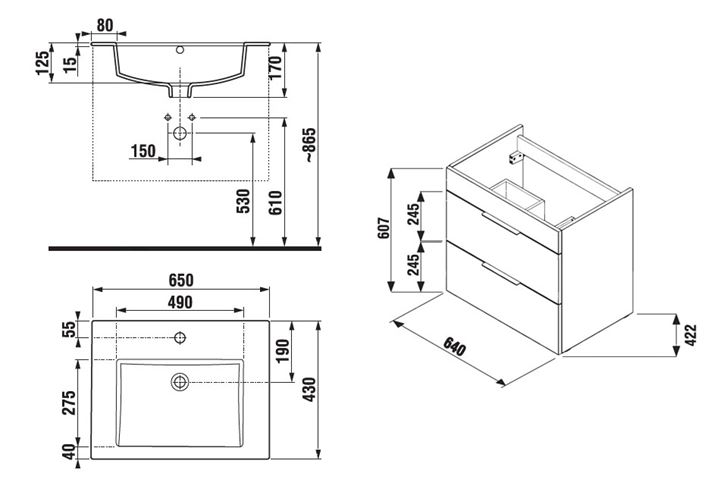 JIKA CUBE skříňka s umyvadlem 65x43x62,2 cm, 2 zásuvky, bílá H4536021763001 Technický nákres