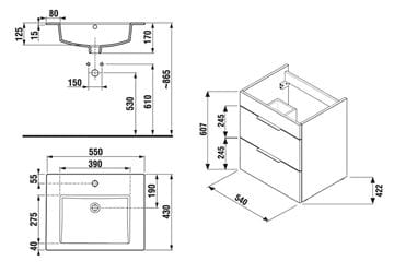 JIKA CUBE skříňka s umyvadlem 55x43x62,2 cm, 2 zásuvky, bílá H4536121763001 Technický nákres