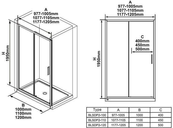 RAVAK BLIX SLIM BLSDP2 100 sprchové dveře 100x195 cm, posuvné, chrom lesk/sklo transparent X0PMA0C00Z1 Technický nákres