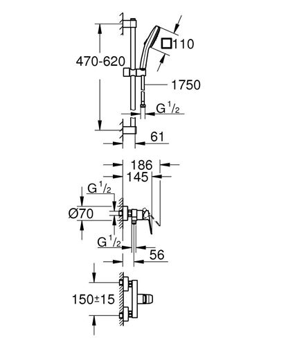 GROHE CUBEO sprchový set s nástěnnou baterií, ruční sprcha se 2 proudy, tyč, hadice, Water Saving, chrom 1018250000 Technický nákres