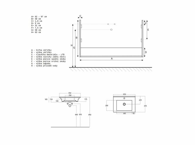 EDEN LÁVA skříňka s umyvadlem 65x45,5x50 cm, 2 zásuvky, dub gladstone pískový LA65ZZ1 M50M50 Technický nákres