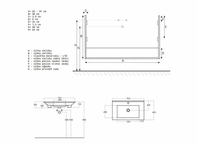 EDEN LÁVA skříňka s umyvadlem 75x45,5x50 cm, 2 zásuvky, dub gladstone pískový LA75ZZ1 M50M50 Technický nákres