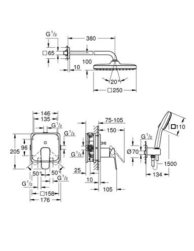 GROHE CUBEO sprchový set s podomítkovou baterií, horní sprcha, ruční sprcha se 3 proudy, hadice, držák, chrom 1053360000 Technický nákres