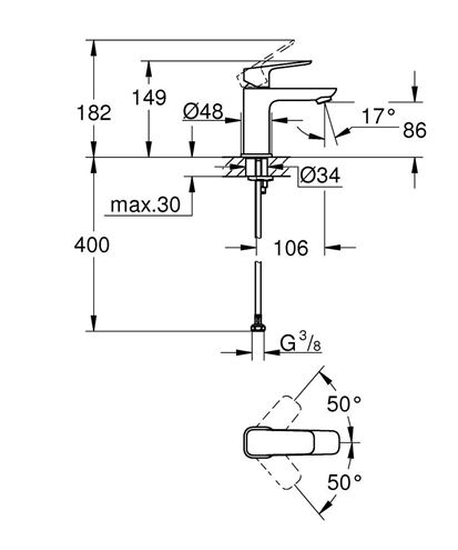 GROHE CUBEO umyvadlová stojánková baterie, Water Saving, chrom 1016990000 Technický nákres