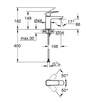 GROHE CUBEO umyvadlová stojánková baterie, Water Saving, chrom 1016990000 Technický nákres