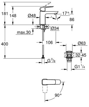 GROHE CUBEO umyvadlová stojánková baterie, s odtokovou soupravou, Water Saving, SilkMove ES, chrom 1017320000 Technický nákres