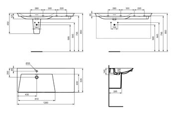 IDEAL STANDARD LA DOLCE VITA umyvadlo 126 cm, s otvorem pro baterii vlevo a přepadem E263201 Technický nákres