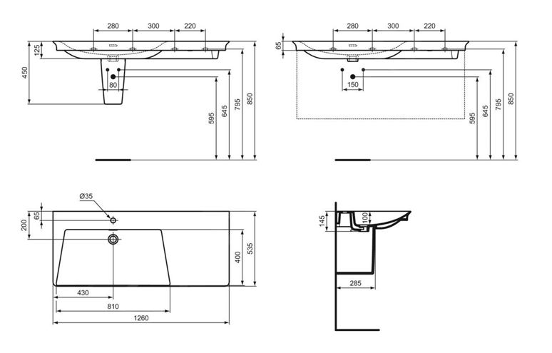 IDEAL STANDARD LA DOLCE VITA umyvadlo 126 cm, s otvorem pro baterii vlevo a přepadem E263201 Technický nákres