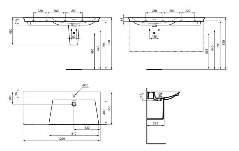 IDEAL STANDARD LA DOLCE VITA umyvadlo 126 cm, s otvorem pro baterii vpravo a přepadem E263301 Technický nákres