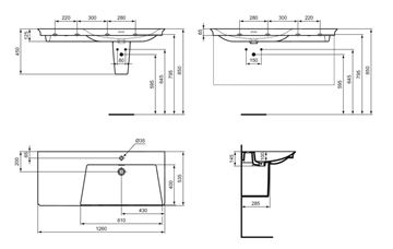 IDEAL STANDARD LA DOLCE VITA umyvadlo 126 cm, s otvorem pro baterii vpravo a přepadem E263301 Technický nákres