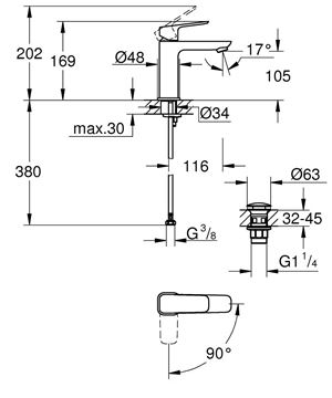 GROHE CUBEO umyvadlová stojánková baterie, s odtokovou soupravou, Water Saving, SilkMove ES, chrom 1017570000 Technický nákres