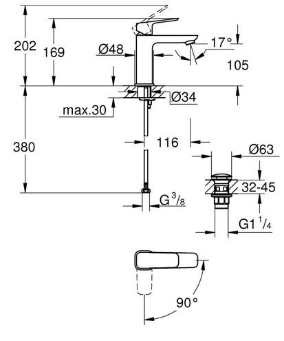 GROHE CUBEO umyvadlová stojánková baterie, s odtokovou soupravou, Water Saving, SilkMove ES, chrom 1017570000 Technický nákres