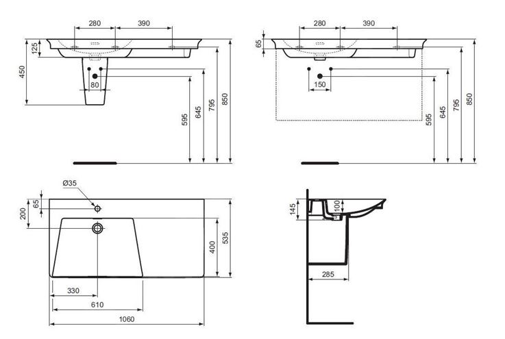 IDEAL STANDARD LA DOLCE VITA umyvadlo 106 cm, s otvorem pro baterii vlevo a přepadem E264601 Technický nákres